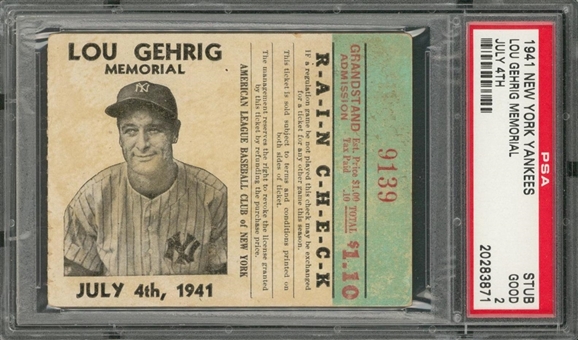 1941 Lou Gehrig Memorial Ticket Stub - PSA GD 2